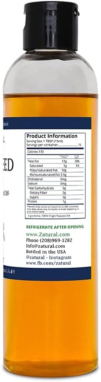 Zatural Flaxseed Oil Naturally Grown 100% Pure Flax Seeds Cold Pressed Vegan Omega Fatty Acids (8oz)