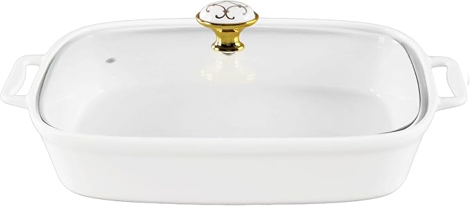 11" x 8" Ceramic Rectangular Casserole Dish with Glass Lid, 1.6 Quart White Serving Soup
