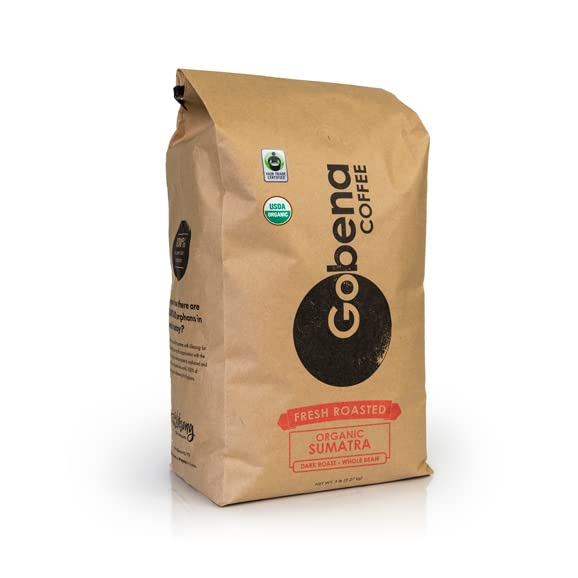 5lb Fair Trade Organic Certified Sumatra Whole Bean Coffee Dark Roast, 100% Arabica Specialty
