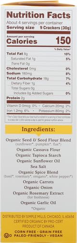 Simple Mills Organic Seed Crackers, Garlic & Herb - Gluten Free, Vegan, Healthy Snacks, Paleo