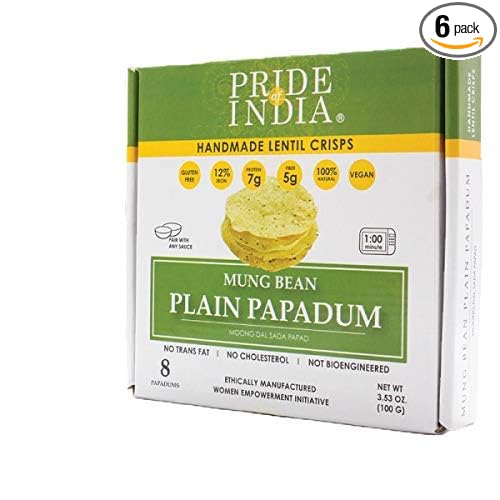 Pride Of India - Mung Bean Plain Papadum Lentil Crisp, Pack of 6-10 count (3.53oz - 100gm)