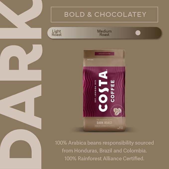 Costa Coffee Ground Coffee, Signature Blend Dark Roast, 12oz each, Rainforest Alliance Certified