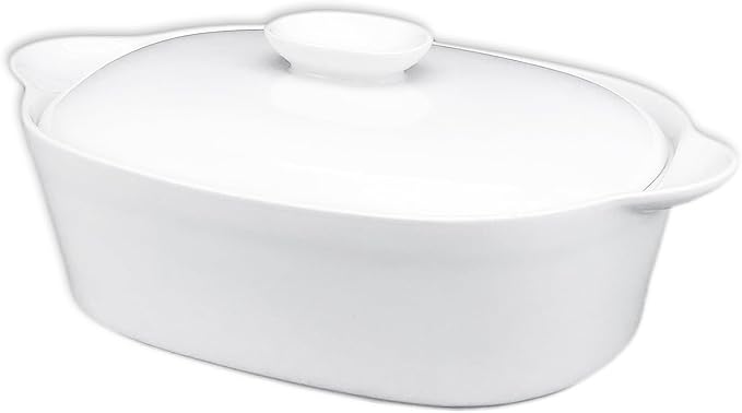 Casserole Dish with Lids, 2 Quart French White Ceramic Tureens, 12.8" x 7.9" Baking Dish, Serving
