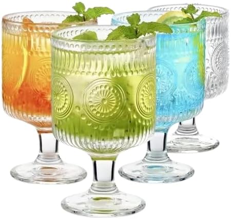 Vintage Goblet Glasses Set of 4, 8oz Embossed Floral Wine Glasses, Clear Glass Cups for Tea, Wine