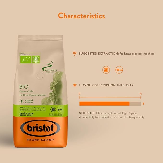 Bristot Bio Organic Italian Espresso Beans | Italian Whole Beans | Medium Roast | 1.1lb/500g