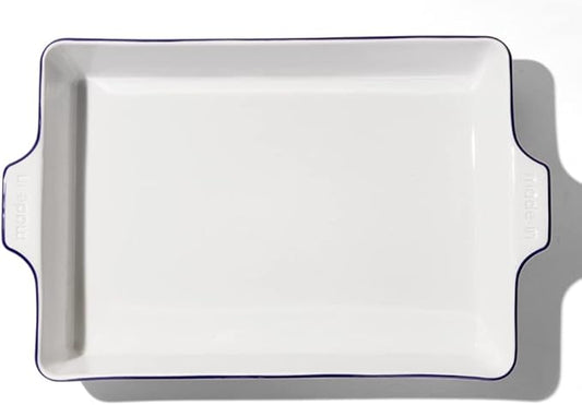 Made In Cookware - Rectangular Baking Dish - Navy Rim - Hand Crafted Porcelain - Professional