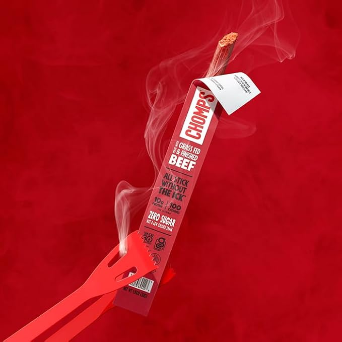 Chomps Grass-Fed and Finished Smoky BBQ Beef Jerky Snack Sticks 10-Pack - Keto, Paleo, Whole30, 10g