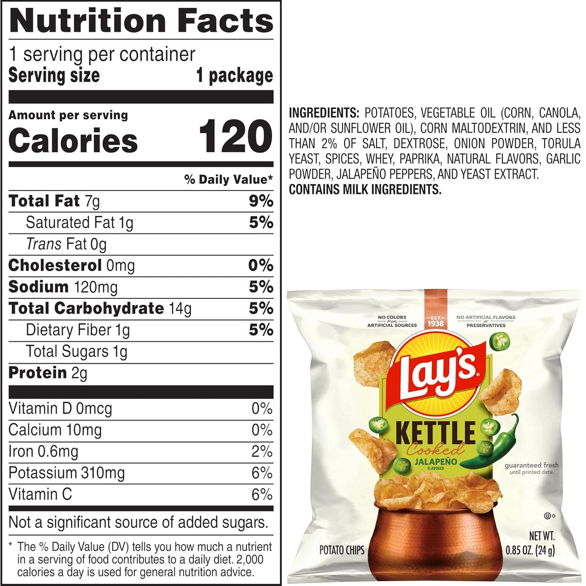 Lay's Kettle Cooked Potato Chips, Jalapeno, 0.85 Ounce (Pack of 40)