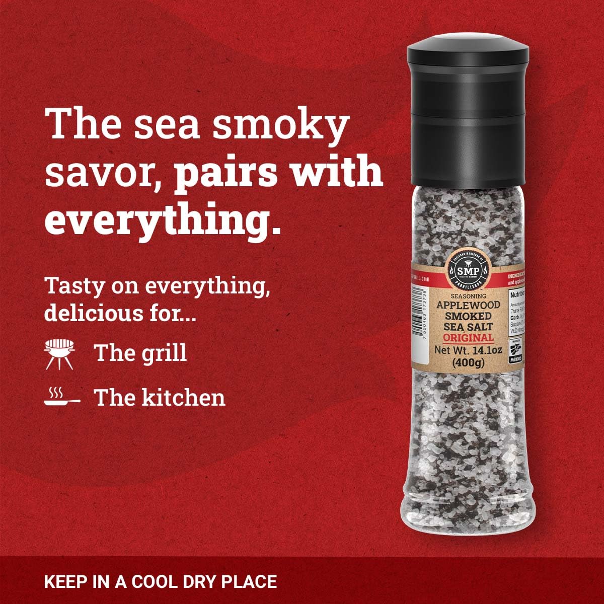 Applewood Smoked Sea Salt Grinder (14.1 oz) – Gourmet Finishing Salt for BBQ, Steak & Seafood
