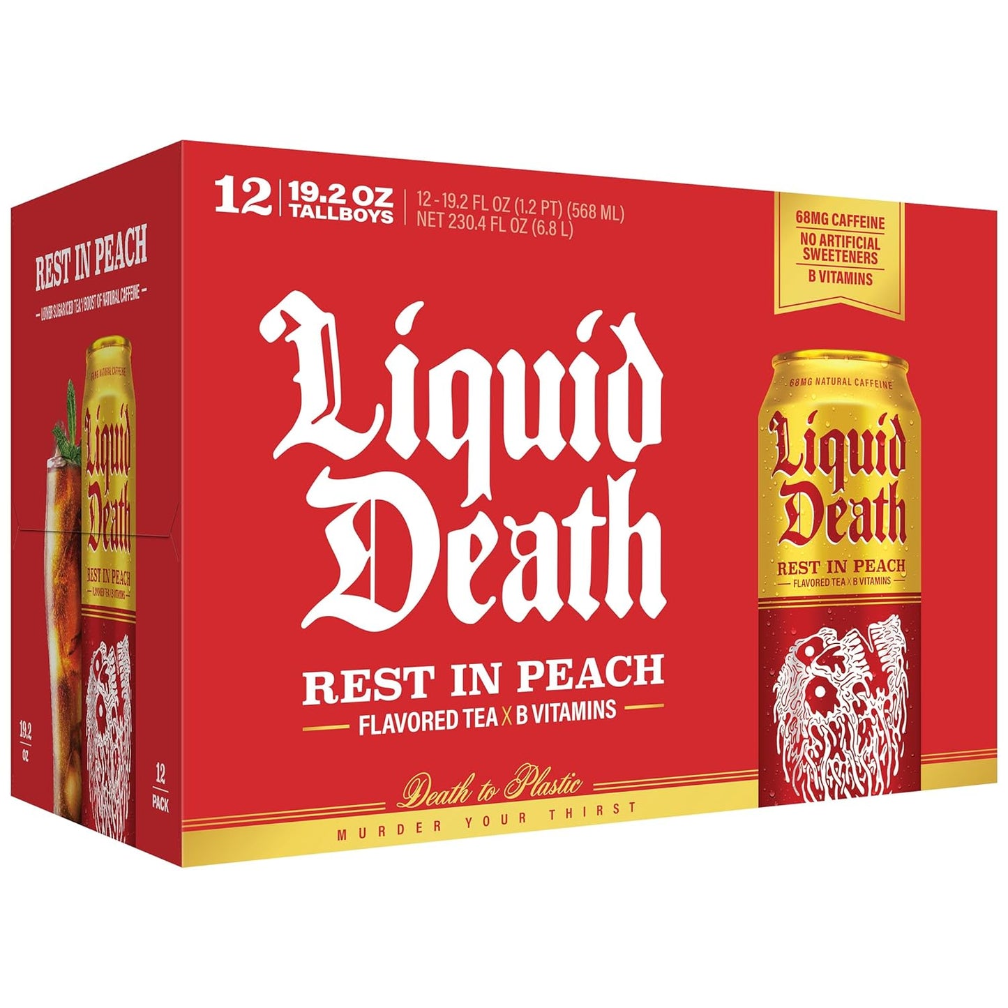 Liquid Death Iced Tea - Rest In Peach (Peach-Flavored Black Tea), King Size, 19.2 Fl Oz, Pack of 12