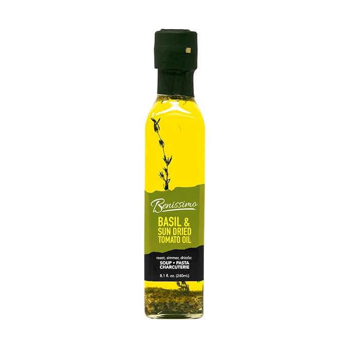 Benissimo Basil and Sun Dried Tomato Herb Infused Oil, All Natural Gourmet Cooking Oil with