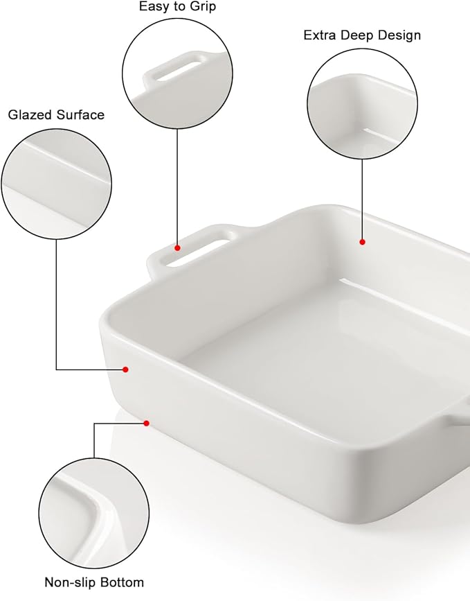 Sweejar 8x8 Baking Pan,Ceramic Casserole Dishes for Oven with Double Handlesï¼? QT Square Cake