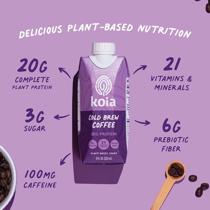 Koia Plant Based Protein Shake, Cold Brew Coffee, 20g Protein, 3g Sugar, 6g Prebiotic Fiber, 21