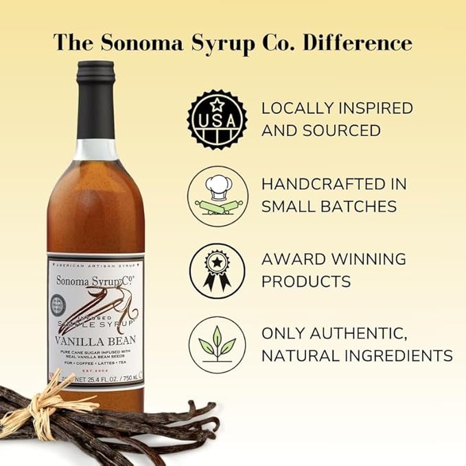Sonoma Syrup Co. Vanilla Bean Infused Simple Syrup 25.4 fl oz | for Coffee, Tea, and Baking | Hand