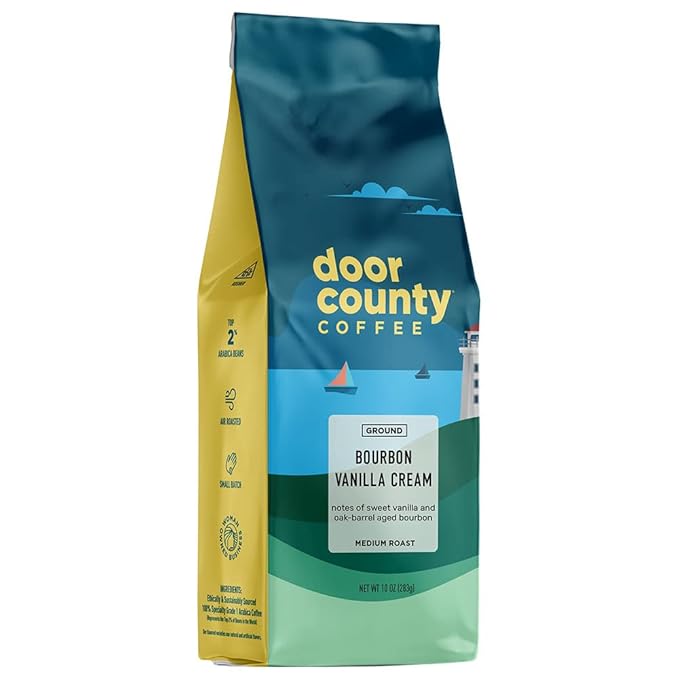 Door County Coffee Bourbon Vanilla Cream Flavored Ground - 10oz Bag - Medium Roast - 100% Specialty