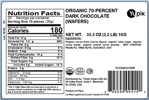Yupik Organic Dark Chocolate Wafers, 70% Cacao, 2.2 lb (35.2 oz), Vegan, Gluten-Free, GMO-Free