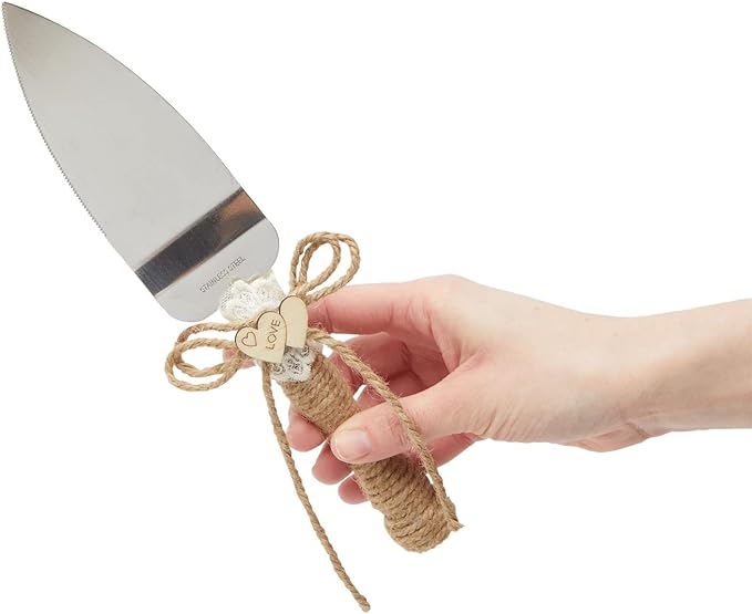 Juvale Wedding Decor Rustic Cake Knife & Server Set with Champagne Flutes - Brown Wood Handles