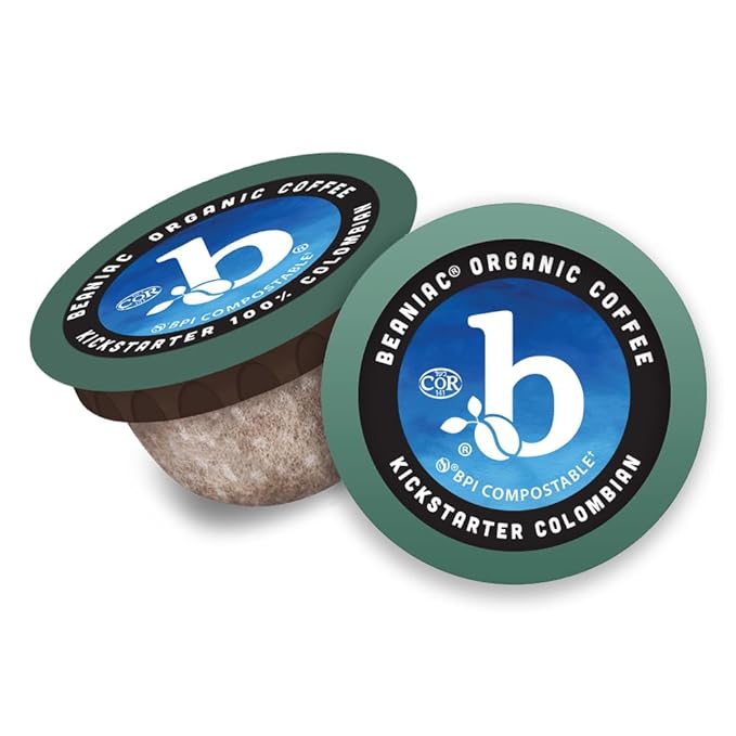beaniac Organic Kickstarter Colombian, Medium Light Roast, Single Serve Compostable K Cup Coffee