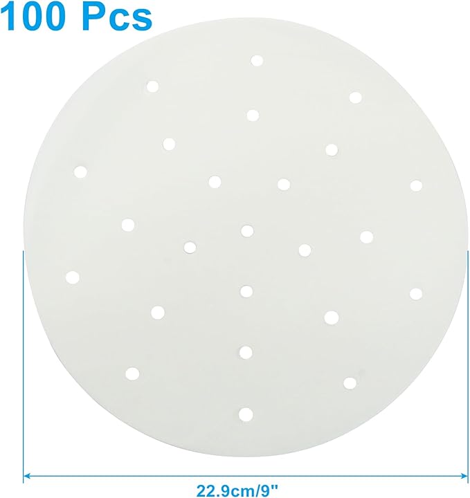 100 Pack 9 Inch Bamboo Steamer Liner - Round Air Fryer Parchment Paper with Holes - White Non Stick