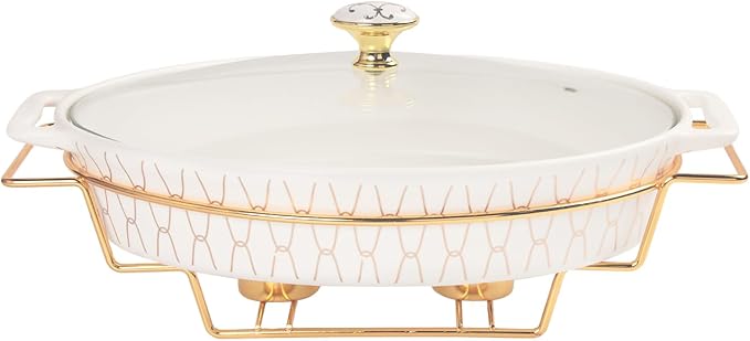 12" x 8" Ceramic Oval Casserole Dish with Glass Lid and rack, 54 ounce Serving Soup Tureen,Chafing