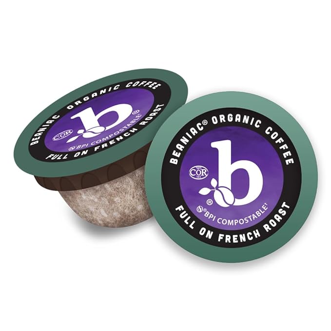 beaniac Organic Full On French Roast, Dark Roast, Single Serve Compostable K Cup Coffee Pods