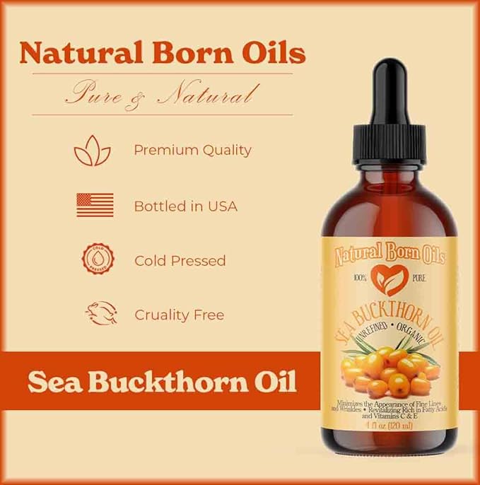Natural Born Oils Sea Buckthorn Oil, 8oz, Organic, Cold-Pressed, Rich in Fatty Acids, Ideal for