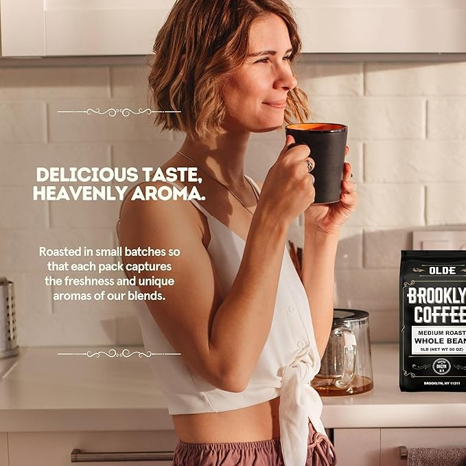 BROOKLYN COFFEE Whole Bean, Classic Medium Roast (5lb) Balanced, Smooth, Mellow - Fresh Bulk Coffee