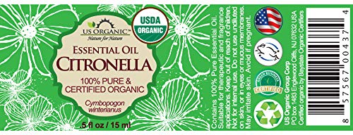 US Organic Citronella Essential Oil, USDA Certified, 100% Pure, 15 ml Pack of 2, Improved caps and