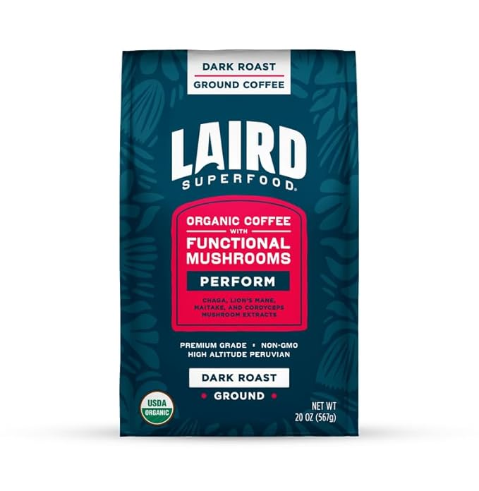 Laird Superfood Peruvian Dark Roast Coffee with Functional Mushrooms, Certified Organic Peruvian
