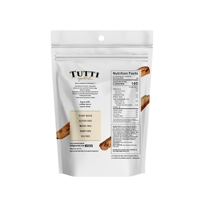 Tutti Gourmet Gluten Free Pistachio & Cranberry Biscotti, 9.9 oz (283g) Resealable Cookie Bag