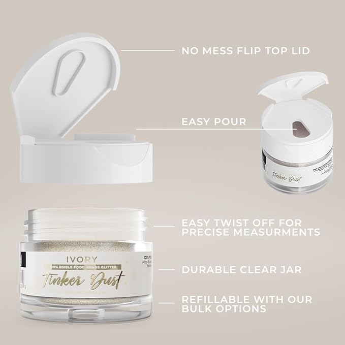 Bakell - Ivory Tinker Dust (5g, 1x Jar) Edible Glitter for Food, Desserts, and Beverages!