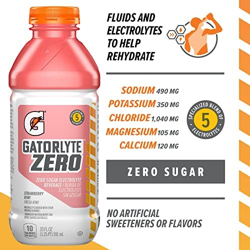 Gatorlyte Zero Electrolyte Beverage, Strawberry Kiwi, Zero Sugar Hydration, Specialized Blend of 5