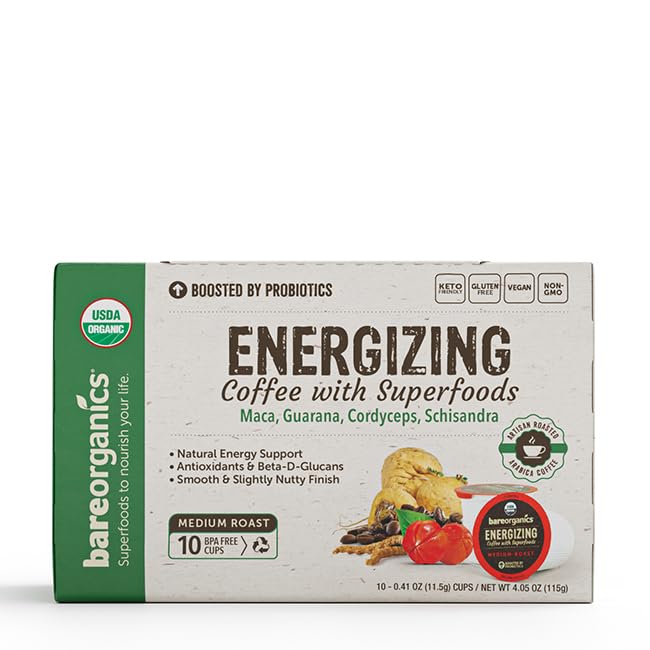 BareOrganics Energy Medium Roast Coffee, Organic, 10 K-Cup Pods, Superfoods & Probiotics Infused