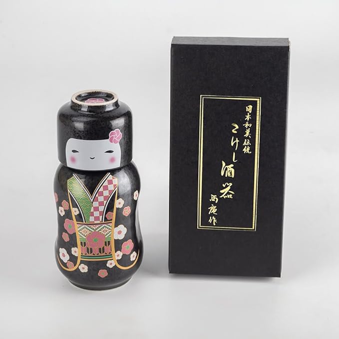 Japanese Traditional Kokeshi Design Sake Wine Soju Ceramic Set with 1 Ochoko Cup and 1 Tokkuri