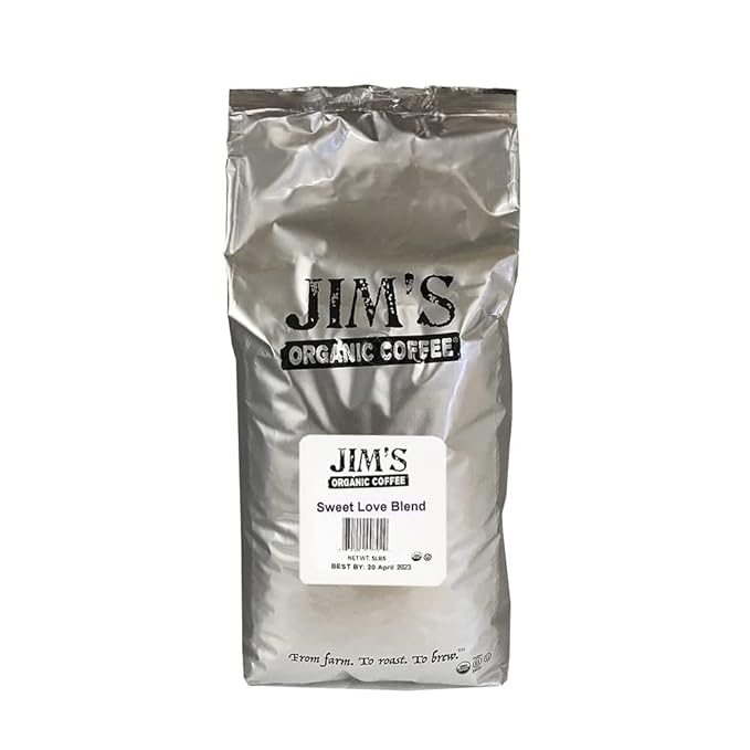 Jim?™s Organic Coffee Sweet Love Blend, Dark Roast, Whole Bean, 5 Pound