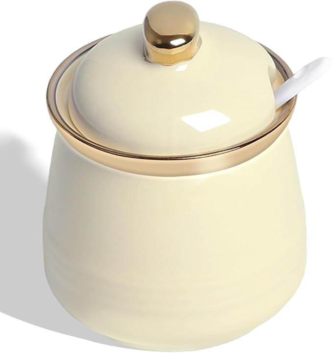 HAOTOP 12oz Sugar Bowl with Lid and Spoon,Simple Ceramic Sugar Jar Sugar Container Sugar Dispenser