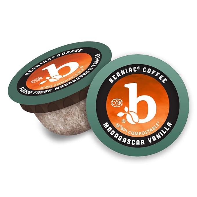 beaniac Flavor Freak Madagascar Vanilla, Flavored Light Roast, Single Serve Compostable K Cup