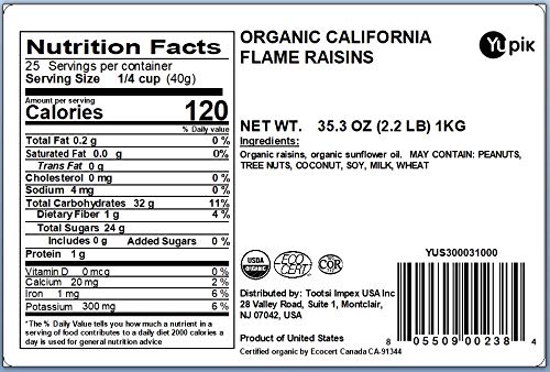 Yupik Organic California Flame Raisins, 2.2 lb, Kosher, Non-GMO, Vegan, Whole Dried Fruits