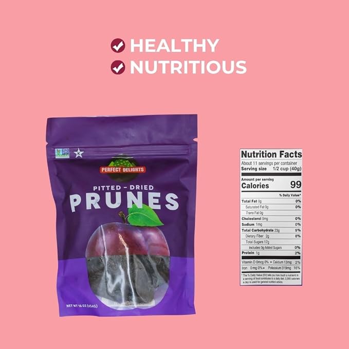 Perfect Delights Prunes, Vegan, Sun-Dried Pitted Prunes, Healthy Fruit Snack for Kids and Adults