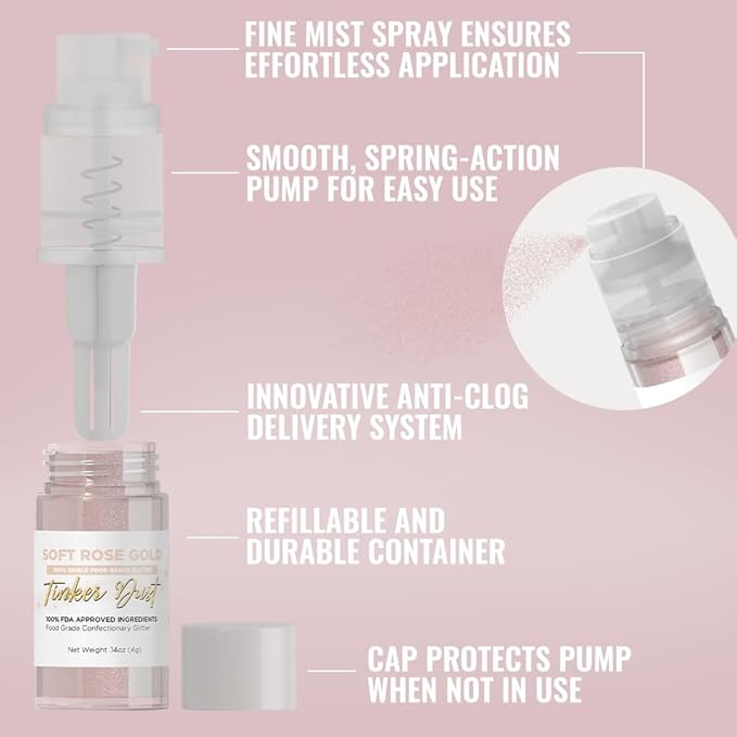 Bakell - Soft Rose Gold Tinker Dust (4g, 1x Mini Spray Pump) Edible Glitter for Food, Desserts, and