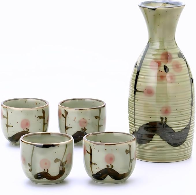JapanBargain 4977, Japanese Plum Porcelain Sake Set Sake Carafe Bottle Sake Cups for Serving Hot
