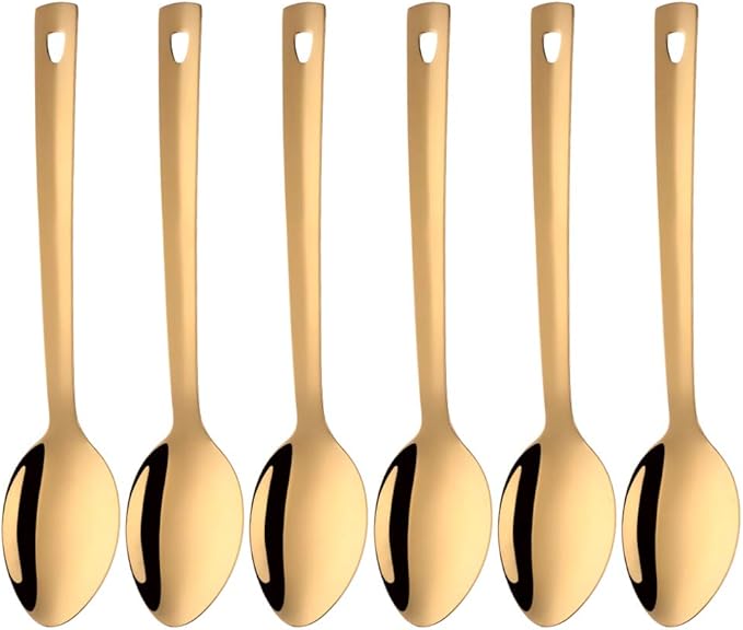 Stainless Steel Serving Spoons: Long Handle Flatware Set of 6 - Large Metal Kitchen Serving