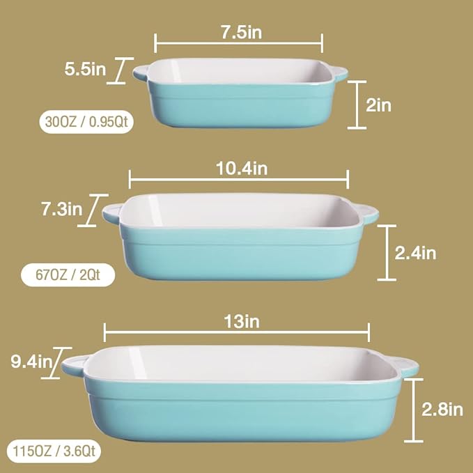 Sweejar Casserole Dishes for Oven, Ceramic Bakeware Set of 3, Lasagna Pan Deep with Handle