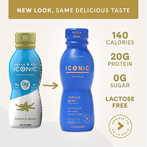 Iconic Protein Drinks, Vanilla Bean (12 Pack) - Sugar Free & Low Carb - 20g Grass Fed Protein