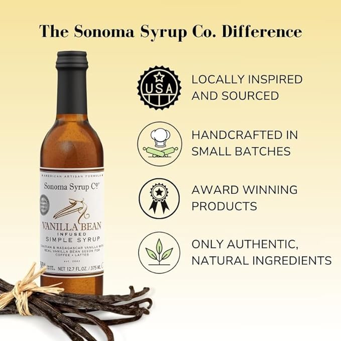 Sonoma Syrup Co. Vanilla Bean Infused Simple Syrup 12.7 fl oz | for Coffee, Tea, and Baking | Hand