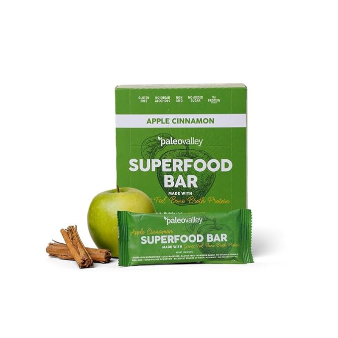 Paleovalley Superfood Bars – Apple Cinnamon– 12 Pack – 9g Protein per Bar – Gluten-Free