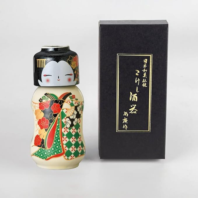 Japanese Traditional Kokeshi Design Sake Wine Soju Ceramic Set with 1 Ochoko Cup and 1 Tokkuri