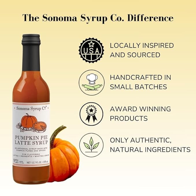 Sonoma Syrup Co. Pumpkin Pie Latte Syrup 12.7 Fl Oz | for Coffee, Latte and Baking | Hand Crafted