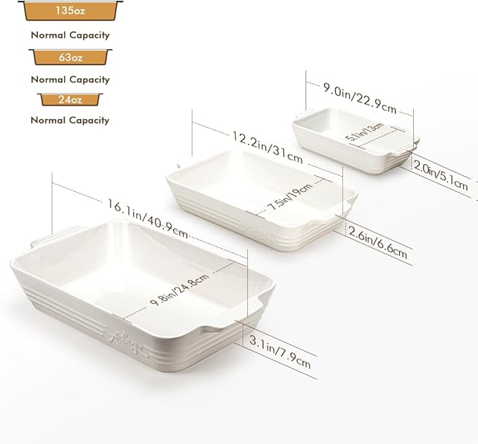 Ceramic Baking Dish Set, 3-Piece Casserole Dishes for Oven, Rectangular Baking Pans, Deep Lasagna