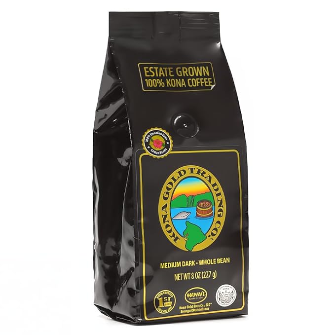 8oz 100% Kona Coffee Whole Beans by Kona Gold Rum Co. - Extra Fancy Freshly Roasted Medium/Dark
